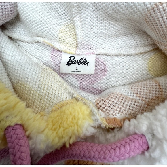 Barbie Fleece Hoodie Pink Orange Flowers Embroidered Logo Girlhood Mattel Sz L - Picture 4 of 9